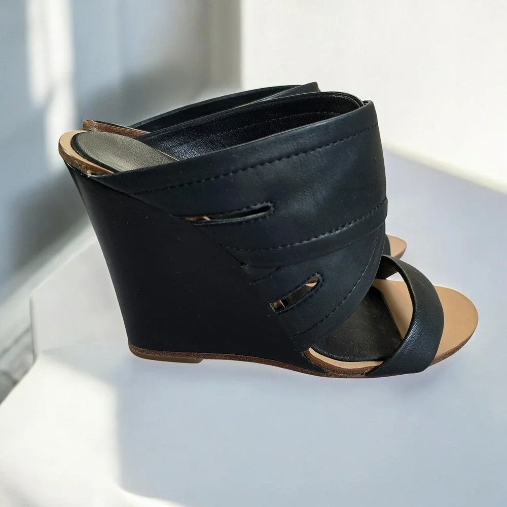 Rag Bone‎ New York Black Leather Crossover Wedge Mules Made in Italy Woman 7 US